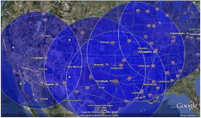 PONY EXPRESS FREIGHT | Long produce hauls from the Mexican border could be parceled out regularly in a series of relays that cut down on transit time, says Transportation Business Associates’ Jay Thompson. The arrangement also holds benefits for operators: In addition to getting home more often, those specializing in a particular area would establish personal relationships with shippers and other customers. Thompson’s plan illustrated here, part of his presentation of the Fresh Produce Association of America referenced in this story, assumes relay points within a 500-mile radius of five cities – Kingman, Ariz., Amarillo and Ft. Worth in Texas; Springfield, Mo.; and Indianapolis.