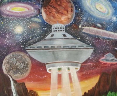 Art adorning the wall of the alien-visitation themed Little AleInn cafe.