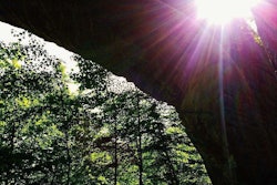 The sandstone formation of the “natural bridge” at Natural Bridge State Park in Ky., seen from below.