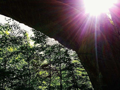 The sandstone formation of the “natural bridge” at Natural Bridge State Park in Ky., seen from below.