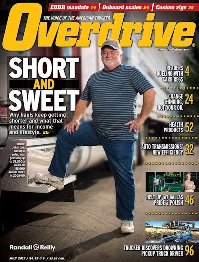 Bruce Johnston was featured on the cover of the July 2013 issue of Overdrive, concurrent with his part in our story on length-of-haul trends. Johnston’s dedicated refrigerated hauls run short back and forth between Murfreesboro, Tenn., and Atlanta. Find the feature online here.