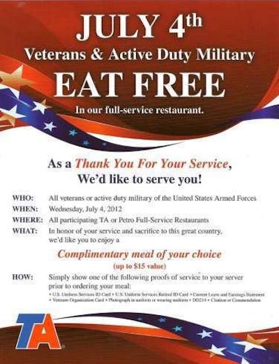 This isn’t by any means the first year TA Petro’s had the July 4 free-meal-for-vets/military program in force — this is last year’s poster.