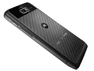 The Droid Razr M is currently on a free-with-two-year-contract deal with Verizon — it’s a solid phone, this shot showing the Kevlar backing.