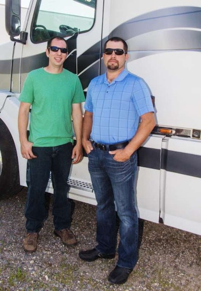 “His strengths are my weaknesses, and my strengths are his weaknesses,” says Chris Litzinger (left), half of a Brenny Transportation-leased owner-operator team with Henry Kuperus. “Henry’s a paperwork guru” and is the team’s business-record keeper and go-to guy come tax time. The co-owners cite an enduring friendship as key to their partnership on their 2005 Volvo.
