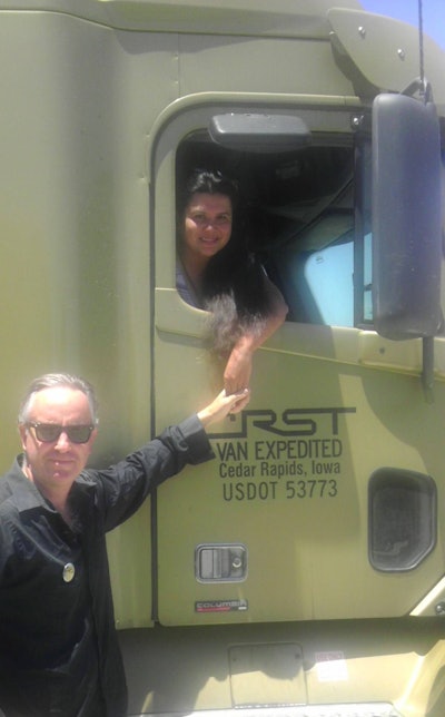 Team drivers Martin and Carolina Hill operate this Freightliner Columbia in a lease-purchase arrangement with CRST Van Expedited. Martin also has made news with a federal civil-rights lawsuit against the Texas Department of Public Safety alleging trooper violations of 4th Amendment protections when waking sleeping co-drivers for nothing more than an ID check. Find Hill’s June 2013 letter to Overdrive about the case here.