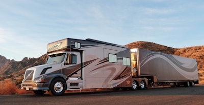 Some freight hauler: The Browns’ rig, a 2012 Volvo VNL300 that came out of the factor as a custom-chassis daycab, was put together in 2011 by Show Hauler Motorhome Conversions. For more on the truck and trailer, see this post on the Channel 19 blog.
