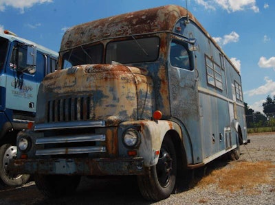 After a tour through the dealership and truck show, Price showed me this gem, a personal future project of Andy Jablonski, the Landmark VP who heads up the operations at this location. It’s a late 1950s International camper he’s hoping to make a full restoration project of.