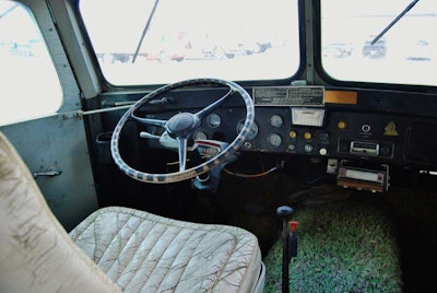 A classic view, from the driver’s seat of the camper — notice that shag carpeting? It extended all through the camper body of the vehicle, well preserved…