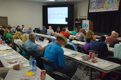 Trucking radio host Kevin Rutherford addresses owner-operators at Overdrive’s Partners in Business seminar.