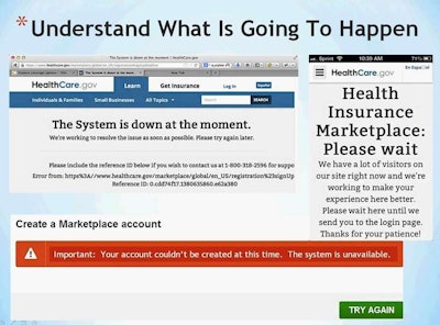 The federal health-insurance exchange still isn’t connected on the back end like it should be to the insurance companies, so no one’s gotten through the entire application process as of earlier this week, said Fred Adams, founder of the HSA for America insurance brokerage/agency. If you’ve tried applying, you may have seen this error message at a certain point in the process.