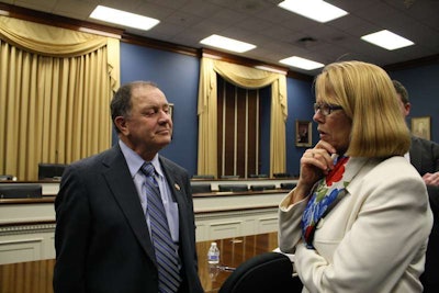 Rep. Richard Hanna, chairman of the House’s Small Business Subcommittee, took FMCSA Administrator Anne Ferro (right) to task in a hearing Nov. 21 on trucking’s hours-of-service regulations. Here, the two talk after the hearing.