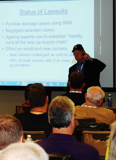 Seaton, in his presentation at the NASTC conference, pulled out his “golden triangle” ballcap and put it on, designating himself a bad actor — the golden triangle is the symbol the CSA Safety Measurement System utilizes to indicate that a carrier has a percentile ranking above a BASIC’s intervention threshold.