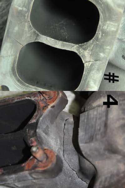 These heat cracks resulted from lugging the engine – pulling hills at 1,000 through 1,300 rpm, which is too low. Such cracks also are caused by not having a working pyrometer, having a clogged air filter or leaks in the charge-air system.