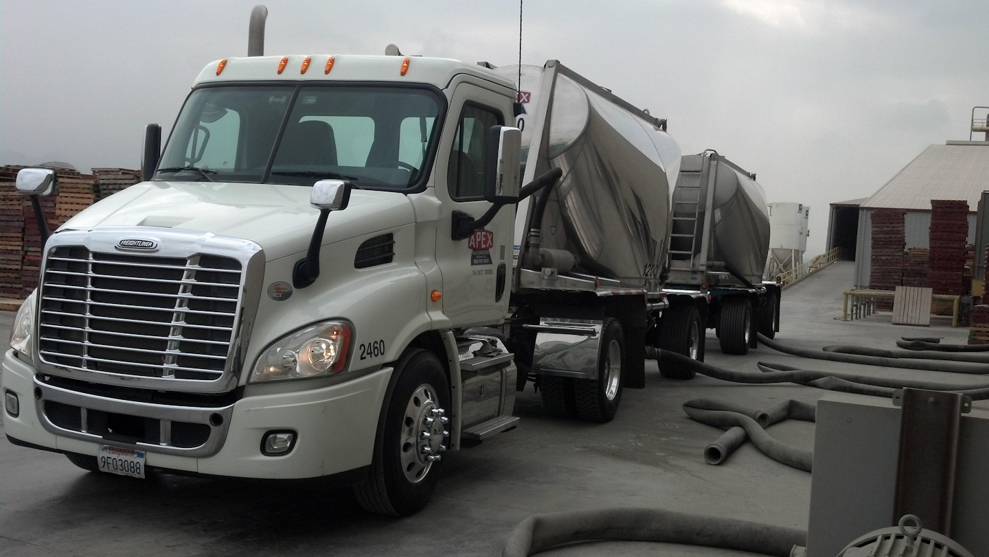 Apex trucks are outfitted with “permanent video cameras” — “In the beginning,” says company rep Denny Wyatt, “drivers reacted negatively.” But since, he adds. with clear examples of the help the cameras can be to both driver and fleet in the event of a not-at-fault crash, driver views on the cameras have improved. More than 70 percent of drivers in the fleet have converted to electronic logs, with Qualcomm software and hardware. The company takes advantage of the long combination vehicle (LCV) laws in Arizona, Nevada, Utah and Idaho to transport up to 129,000 gross weight and 45 tons of payload in units that are up to 105-feet in length. In addition, given the difficulty of return loads in specialized bulk hauling, Apex has developed a fleet of pneumatic trailers that offer separate dedicated compartments in the same trailer, Wyatt says.