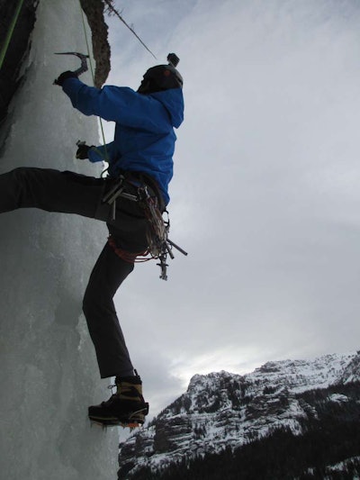 Hopkins in action during the “Bozeman Ice Fest” — find more pictures from some of the climbing there via Hopkins’ From Miles to Mountains main project web site.