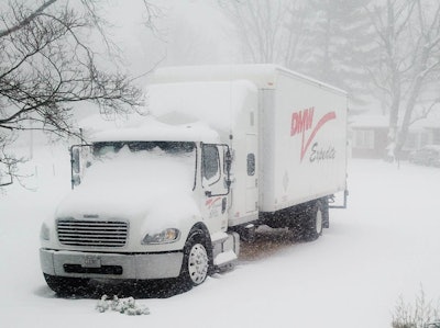 Don Lanier‘s Freightliner Business Class M2 expediter parked through the weather — “just outside St. Louis.”