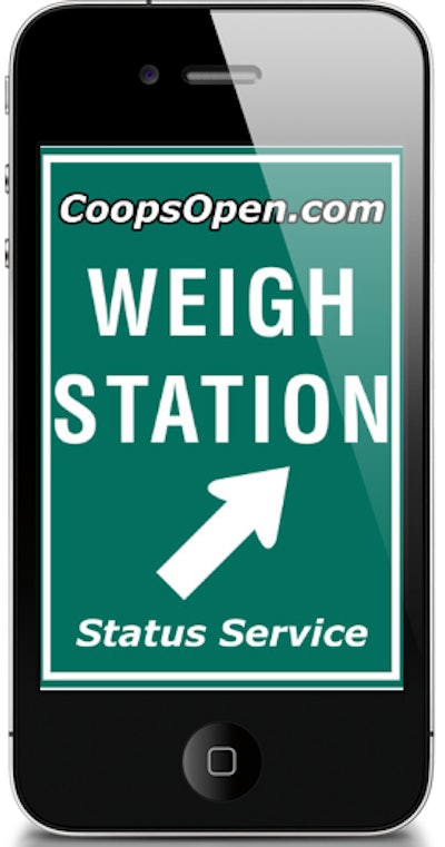 To use the CoopsOpen weigh station status alert app, download the iPhone or Android version via your phone’s app marketplace, then register, likewise free of charge, via CoopsOpen.com. Then use the created login and password combo to sign in to the app.