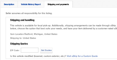 Find an example of the look and feel of the eBay users’ experience of the “Shipping Tab,” newly enabed with connection to uShip.com for LTP items, via this sample item.