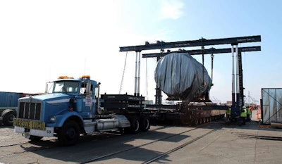 Pictured here is a 492,000-lb. gas turbine on a Scheuerle like the one used to roll the generator, one of three such turbines that were part of the move. Contractors Cargo’s trucks are Kenworth T800W models powered either by 550-hp or 500-hp Cummins engines with, respectively, 18-speed/2-speed auxiliary or 17/4 transmissions. Combinations for larger pulls, depending on grade, typically go as follows: 1 push and 1 pull, or 2 pulling. On the STG module, however, “we used 4 trucks,” said Rabaino, “either 3 push and 1 pull or 2 and 2.” Also, all in all, “more than 70 flatbed loads of components and accessory cargo [is being moved] along with these 5 main large pieces.”
