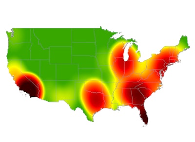 Cargo theft hot spots from the first quarter of 2014. (Map from FreightWatch International)