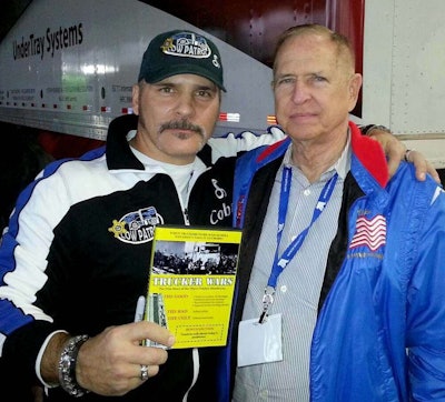 American Trucker host Robb Mariani (left) poses here with Mike Parkhurst at the 2014 Mid-America Trucking Show. Mariani, who had been working with Parkhurst of late on a few safe-driving projects, said on his Facebook page that Parkhurst was “a true champion for the industry.”