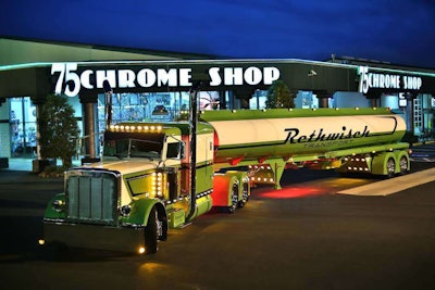 Small fleet owner Bill Rethwisch earned Best of Show honors in two Pride & Polish shows in the 2014 series — With two different trucks. His trucks will be squaring off against one another in the Working Combo category. The orange and white rig, “Dreamsicle”, won the Pride & Polish National Championship in the Working Combo category in 2013 and qualified to compete again this year by winning Best of Show in the PDI show last November. The green truck, “Blood, Sweat, and Gass”, won Best of Show at the 75 Chrome Shop show in April. Dreamsicle is a 2012 Peterbilt 389 pulling a Polar tanker, and Gass is a 2013 389 and Polar tanker.
