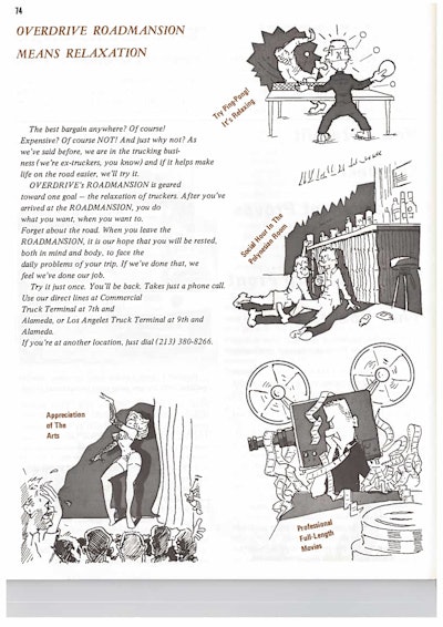 Overdrive roadmansion means relaxation magazine spread with drawings of features such as ping-pong, live entertainment, and more