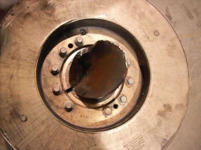 Here is shown the broken snout of the crankshaft from the above-mentioned failure. The general recommendation found in service manuals is to routinely visually inspect a viscous damper for signs of dents or leaks. If those are found, replace the damper regardless — the 500,000-mile (or 15,000-hour) interval, or whatever your engine’s service manual states, is also a good rule of thumb, LeBarron notes.