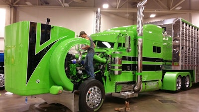 Dan Brubaker’s 2014 Peterbilt 389 and Wilson livestock trailer are competing in the LImited-Mileage Combo category.