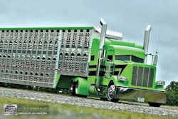 Dan Brubaker’s 2014 Peterbilt 389 glider and Wilson livestock trailer