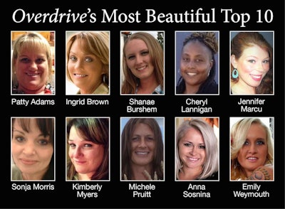 In its second year of recognizing female drivers, Overdrives Most Beautiful contest generated 71 submissions. Through a combination of online audience voting and a judging panel, the entrants were narrowed to 10 finalists. Runners-up to winner Emily Weymouth were Ingrid Brown and Cheryl Lannigan. Brown, of Boone, N.C., hauls reefer, dry freight and produce for Randall Miller. She has been OTR for 29 years. Owner-operator Lannigan, of Savannah, Ga., hauls shipping containers in and out of ports and has been driving for eight years.