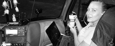 Wendy in-cab, with coffee