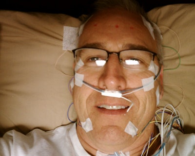 “As you can see,” notes Joe Bielucki of in-lab sleep studies, “the testing is a little invasive but not unbearable.” In this picture from a couple years ago, prior to sleep apnea diagnosis and treatment, Bielucki weighed nearly 300 pounds.