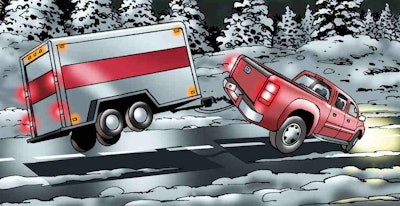 Robert Sutton, driving for ABF Freight Systems out of Ft. Smith, Ark., is on I-84 near Pendleton, Ore., when a pickup pulling a trailer passes him on the icy road. Moments later, the driver loses control!