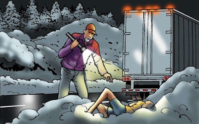 Sutton threads his way through the wreckage of the overturned pickup before stopping. As he rushes back to help, he nearly trips over a girl lying in the snow!