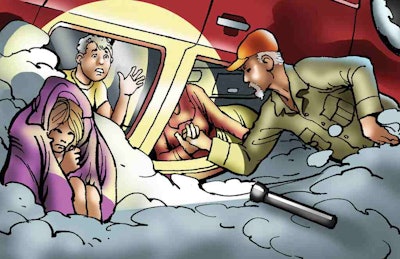 Sutton wraps the girl in this jacket and continues to the pickup to clear out snow blocking the passenger-side window…