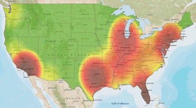 FreightWatch’s map of cargo theft hot zones, based on recent theft trends.