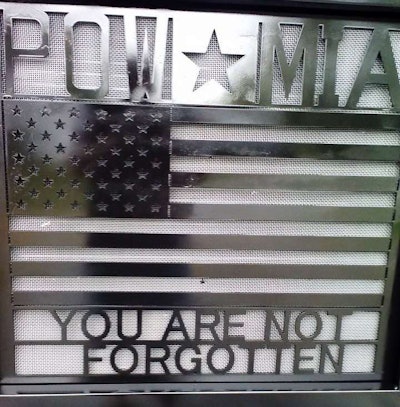 Charles Timbrook’s “Black Out” 1999 Freightliner got this custom grille treatment cut from scrap aluminum by local vendors pursuant to the intent to honor veterans/fallen soldiers with the truck. page through the gallery above for recent in-process photos. Check out the photos at this link to see where the rig was in Spring 2014.