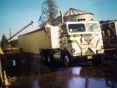 Ed Gosselin “hauled a lot of hay and grain with [this] old girl,” a 1985. “Formula 300 with an 8LL behind it. Not the best for the hills in Northwest Oregon! But we got ‘er done!” Gosselin replaced the truck with a longer-wheelbase FLD120, Cummins N14 “with a 9L. Never the right gear, but enough power. (Yes…the sheen on the ground is ice. About a half inch of it.)”