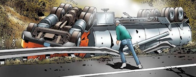 Bill Hunt, driving for Crossett Inc. of Warren, Pa., on April 21, 2014, sees a wreck on Route 59. A tractor has flipped, dragging an asphalt tanker along the guard rail, ripping holes in it.