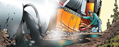 8,000 gallons of searing asphalt are leaking close to the driver, who is pinned by the crushed roof. Only his left hand is visible!