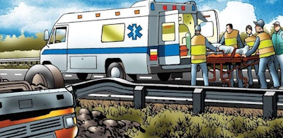 Hunt stays with the driver until emergency personnel take over. It takes them almost three hours to extract the injured man.