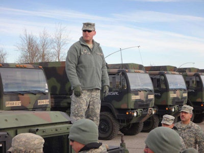 A more recent picture of Ahlers addressing troops during Hurricane Sandy relief efforts.