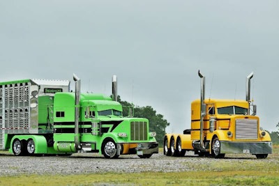 Dan Brubaker’s 2014 Peterbilt 389 and livestock trailer (left) and Ron Brubaker’s 1993 Peterbilt 379 won Best of Show in the Working categories at the Fitzgerald Pride & Polish truck show.
