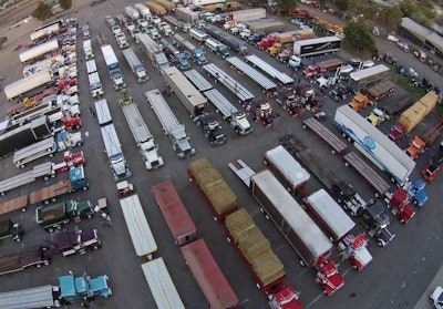 An aerial shot of Peterbilt’s 75th anniversary truck show.