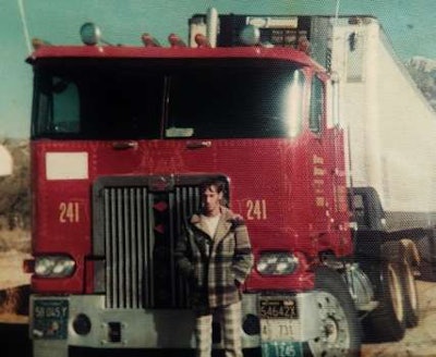 Byron E. Mayfield Sr.’s 1975 Diamond Reo cabover was powered by a Caterpillar engine — the picture was taken in 1976.