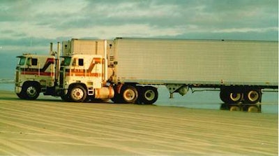 What a shot! These two beauties are the 1978 and ’79 Freightliners of John Giarusso Jr., who says this one shows a “little R&R on Dayton Beach” — the 1978 featured a 350 Cummins, the ’79 a 400 Cummins, both with 13 speed transmissions.