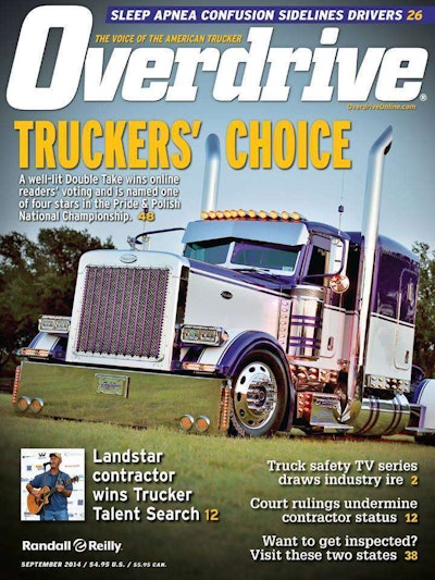 After roughly a decade-long hiatus, Pride & Polish brought back the Truckers’ Choice award in 2013. It was brought into the modern era, too: Overdrive readers cast votes online from the pool of National Championship competitors, chosen at the preceding Pride & Polish stops throughout the year. Both in 2013 and 2014, owner-operator Austin Ashley’s 2007 Peterbilt 379 won the award. He also won the National Championship in the Limited-Mileage Combo category in 2014. Here’s his truck on the cover of Overdrive’s September 2014 issue.