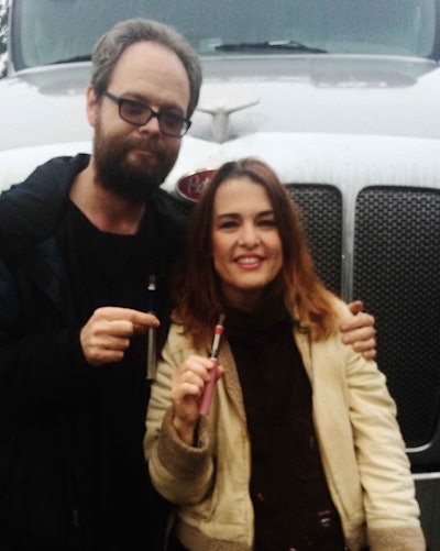 ABCD Transport owner-operators Andy and Cheryl Anderson, based in Graham, Wash., run van freight in this 2010 Peterbilt 387, powered by a Cummins ISX with an Eaton 10-speed transmission. They’re holding their vape pens – battery-and-tank-type devices. The Smoov Rev battery is coupled with Innokin’s iClear 30b tank. Until recently, Cheryl handled only back-office duties, but having passed her CDL exams, she’s about to transition to the road in a team operation.