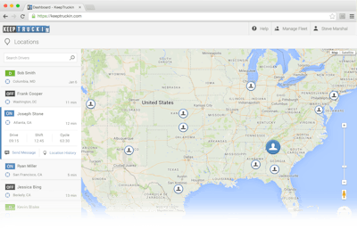 KeepTruckin GPS location dashboard view